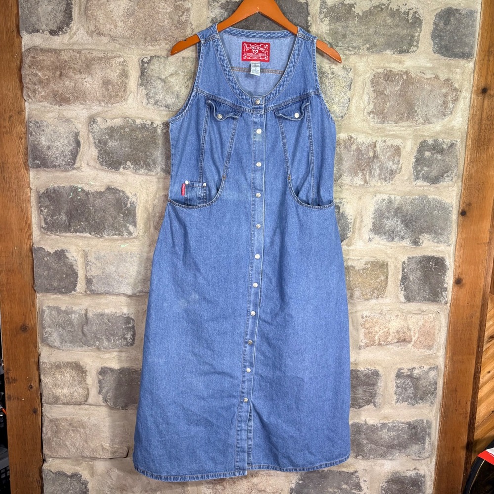 Vintage No Excuses Denim Jumper Dress Blue Button Front Maxi Sleeveless Large